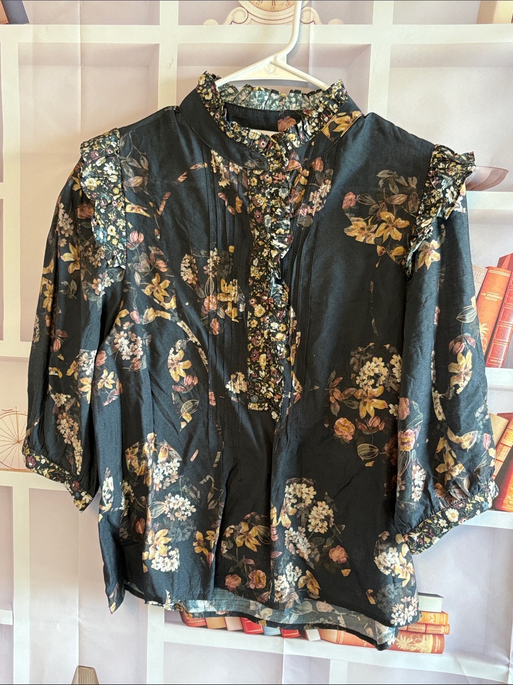 Secret Mission Grey Floral Ruffle-Trim Blouse